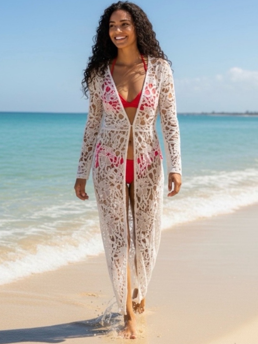 Alexia Admor Crochet Floral Lace Beach Cover-Up Long Maxi Dress, White, Size XS